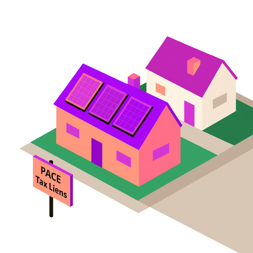 An illustration of two houses, one having solar panels on the roof and a sign that reads "PACE Tax Liens."