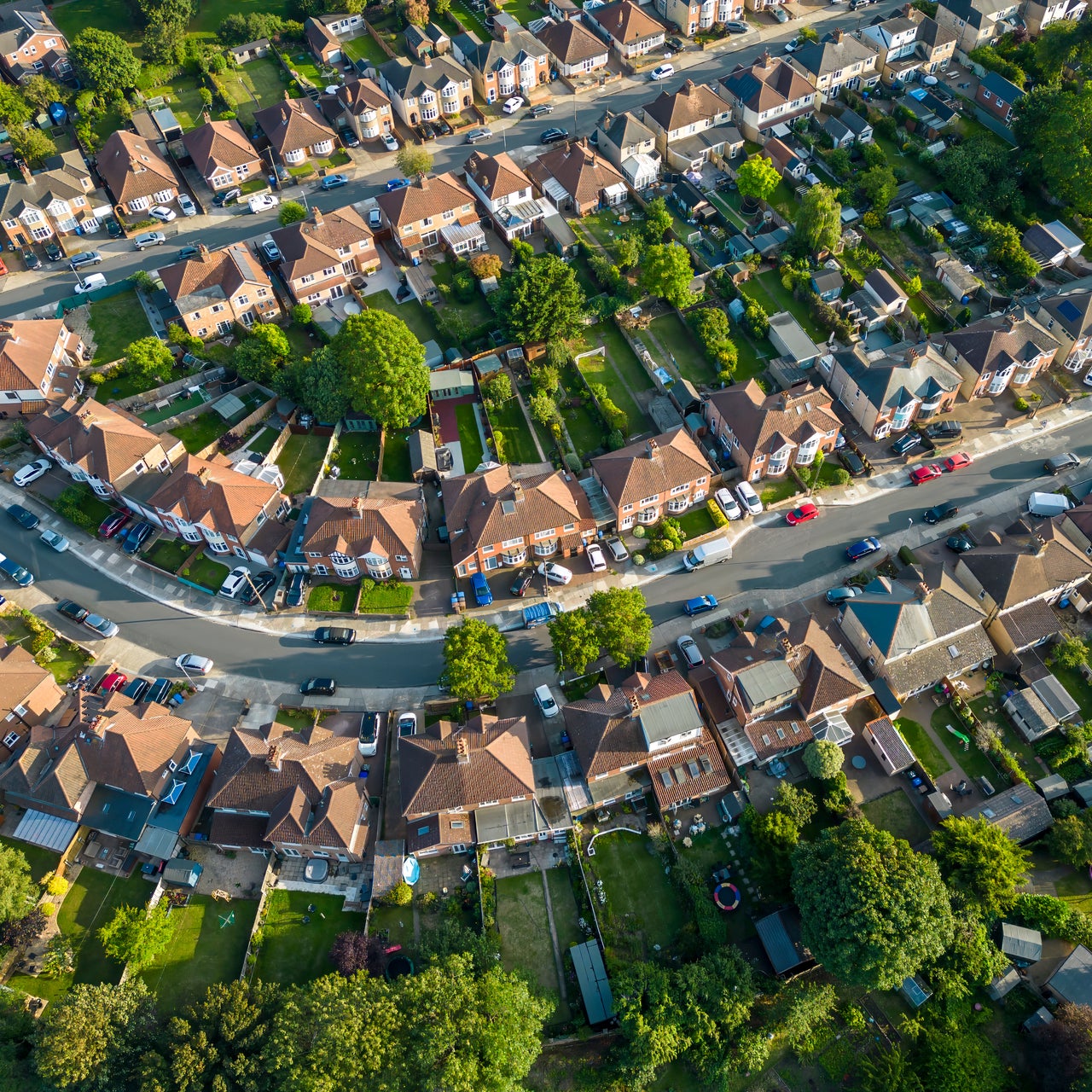 An aerial view of a well-designed green populated residential locality.