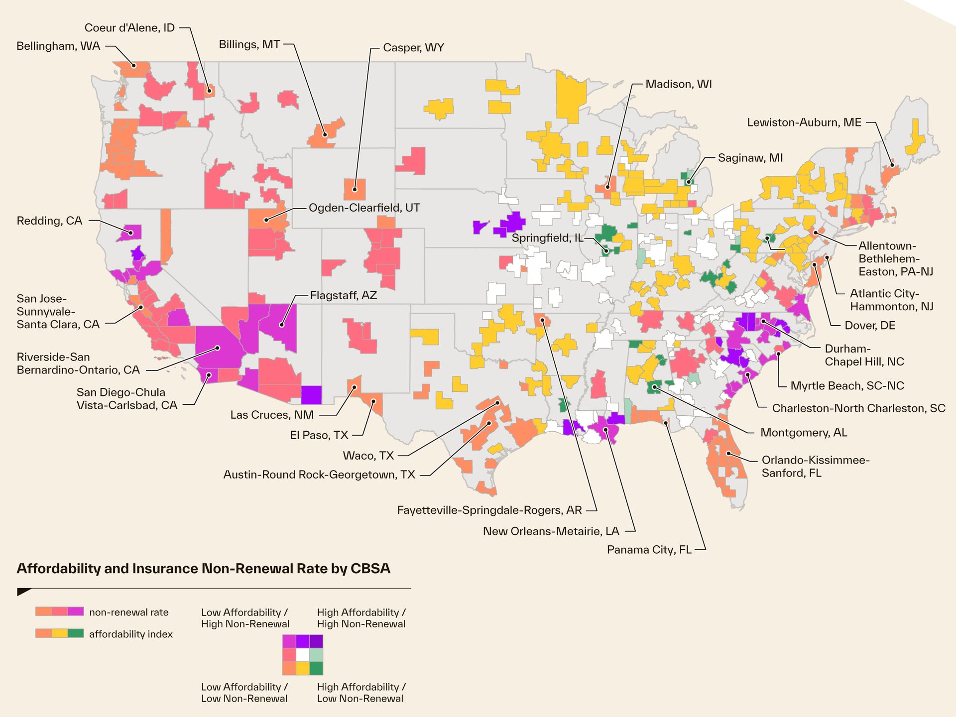 Map of United States showing Affodability and Insurance Non-Renewal Rate by CBSA