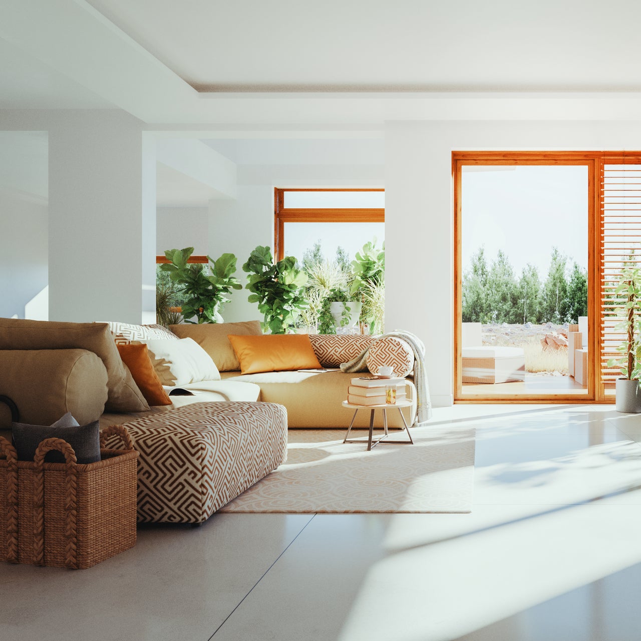 A modern living room featuring a beige sectional sofa accented with patterned and solid cushions.