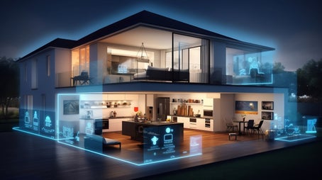 A home at night, shown with a cross-sectional view of its illuminated interior and wrapped in glowing blue holographic interfaces