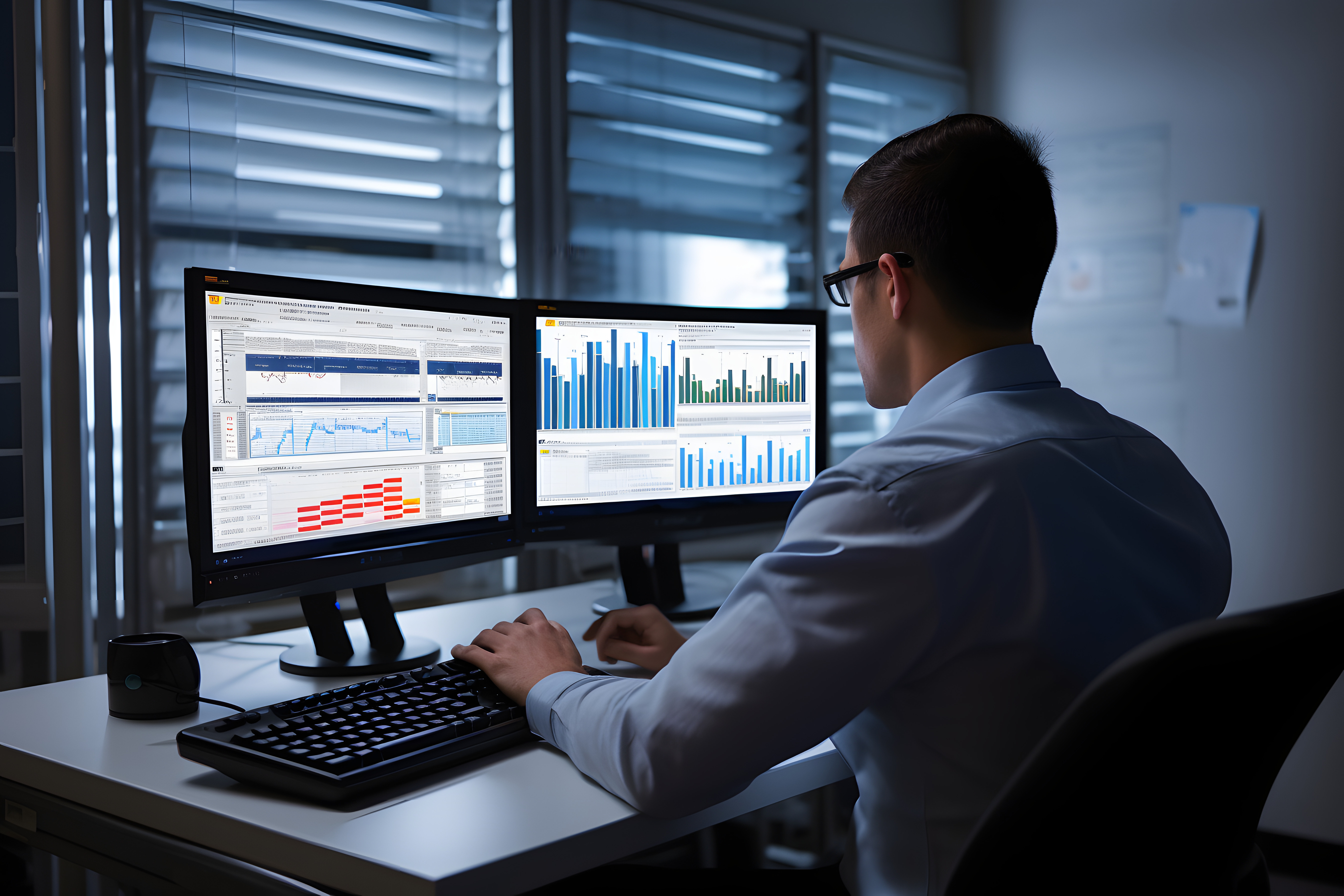 A professional looking at data across multiple computer monitors