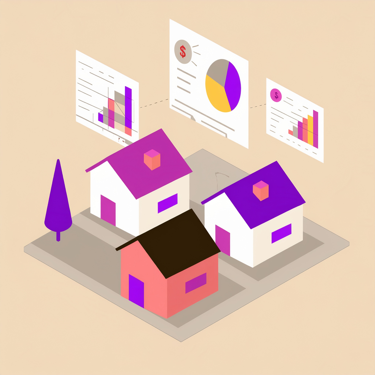 An illustration of a neighborhood with home price charts and graphs above the houses signaling home price forecasts.