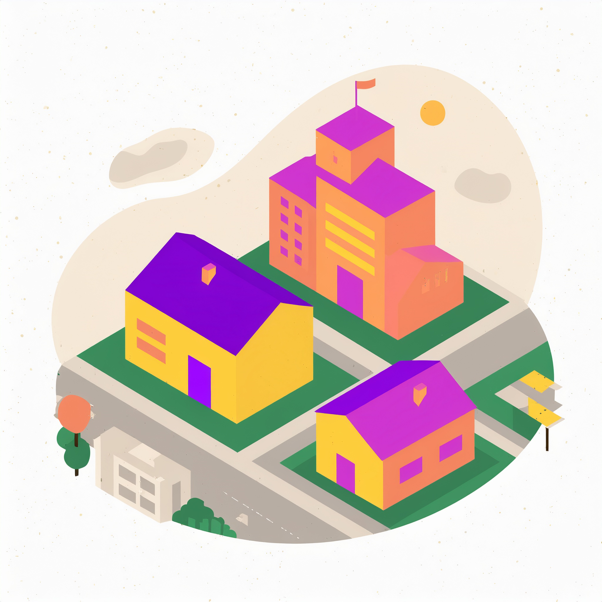 Illustration of a neighborhood with houses and a school indicating neighborhood school data.