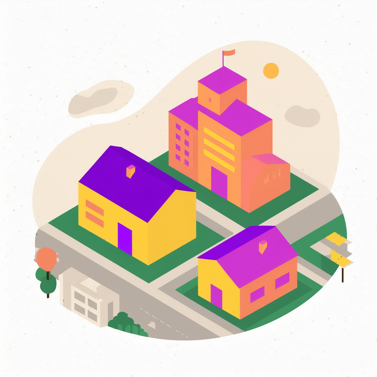 Illustration of a neighborhood with houses and a school indicating neighborhood school data.