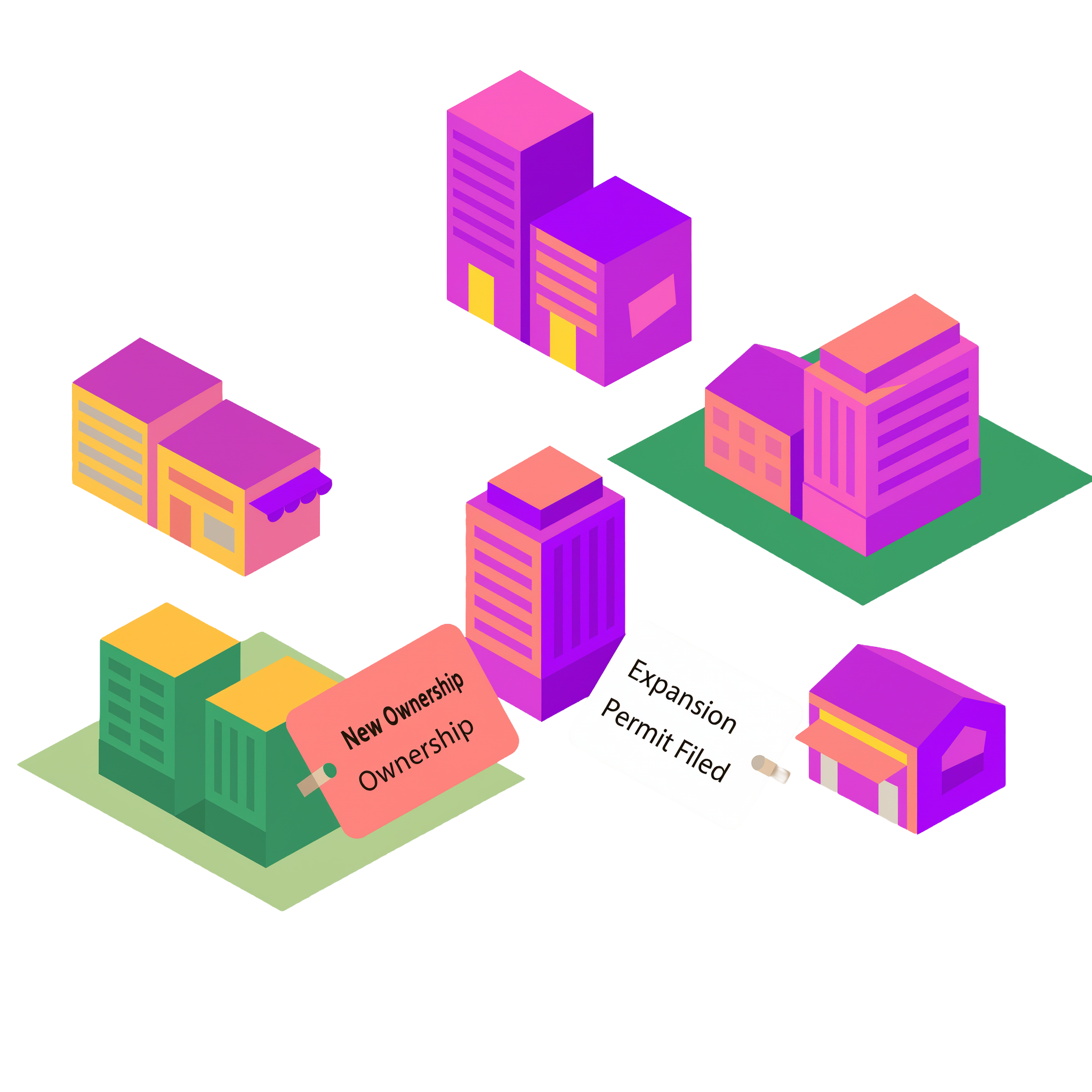 An illustration of a few buildings and shops with a new ownership and expansion permit filed tags on two of the buildings.