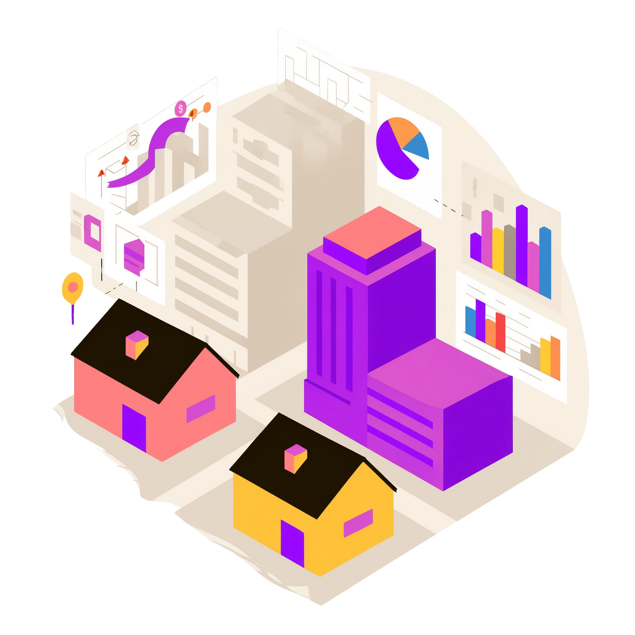 A graphic of houses and office buildings with data graphs around them showing property data.