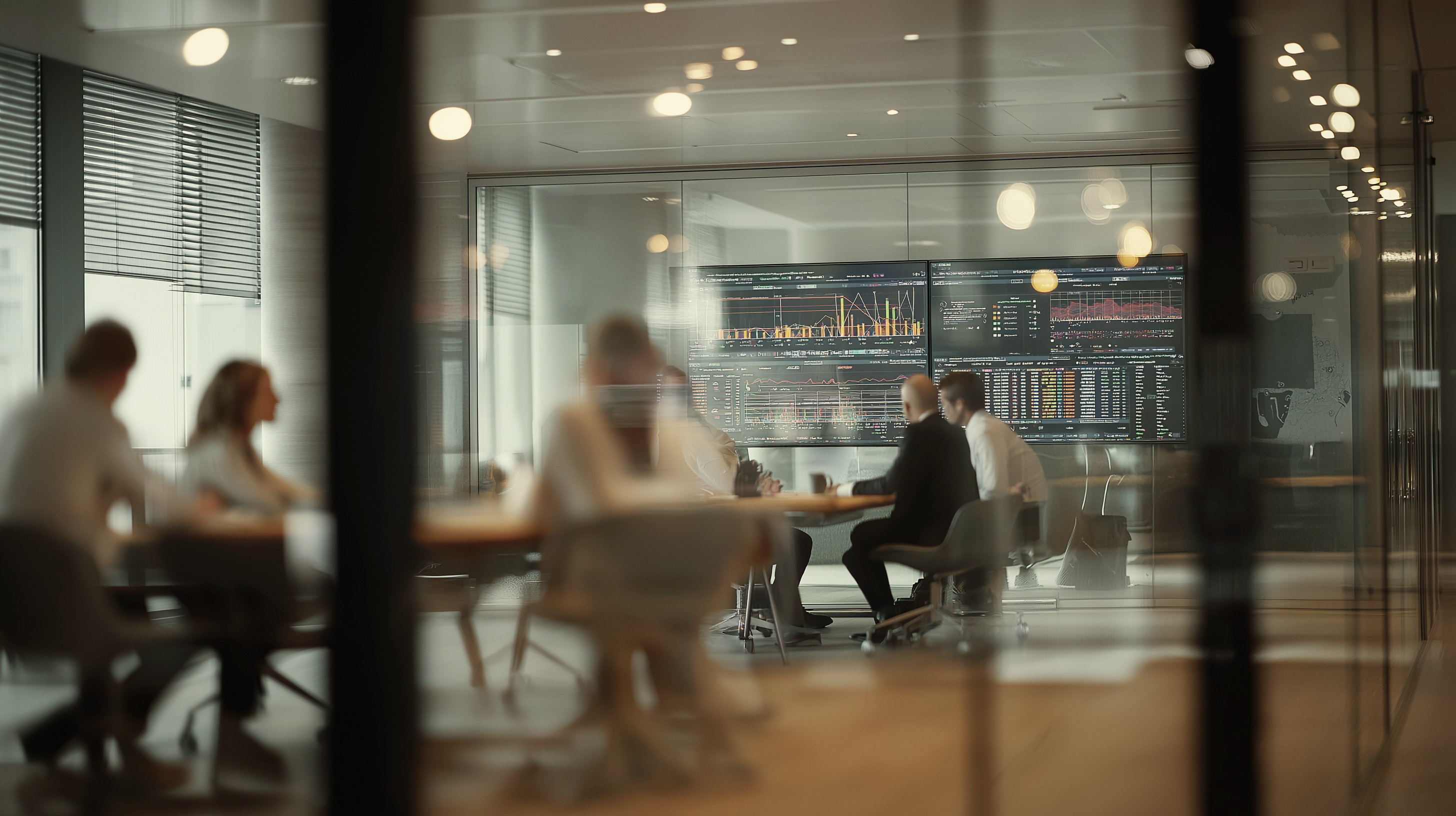 Tech company in meeting looking at large screen with real estate data