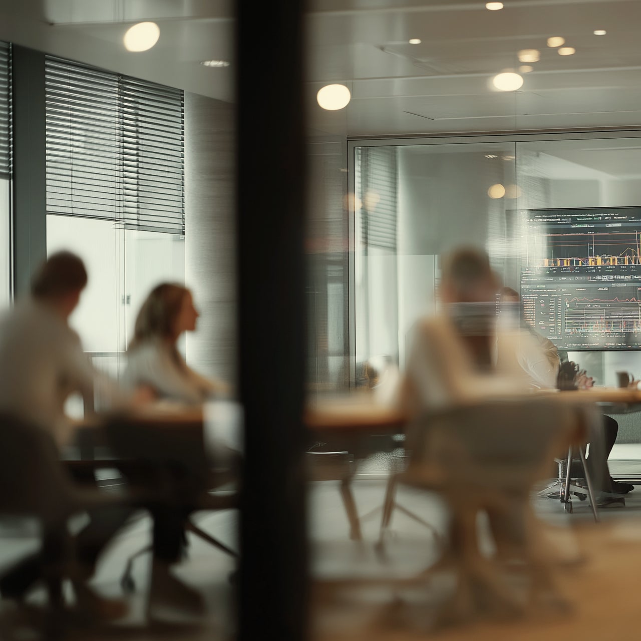 Tech company in meeting looking at large screen with real estate data
