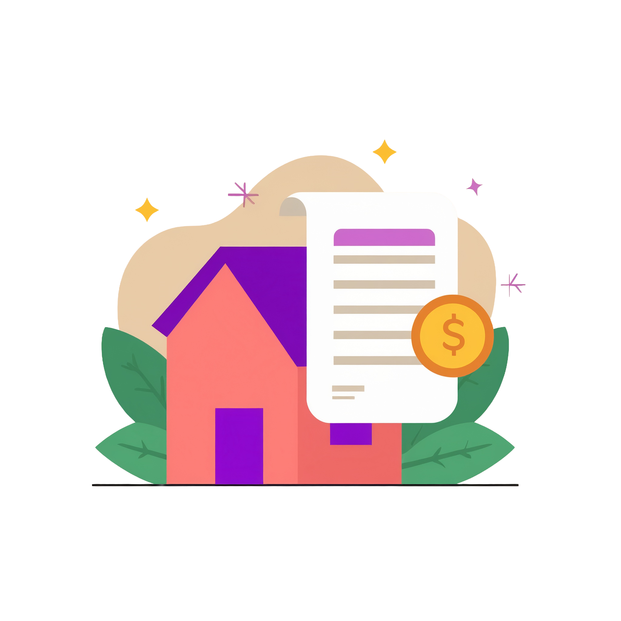 An illustration of a house with a document in front that has a dollar sign on it indicating loan release.