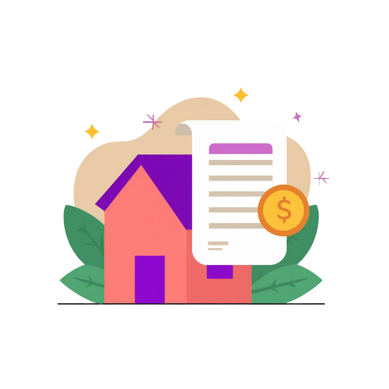 An illustration of a house with a document in front that has a dollar sign on it indicating loan release.