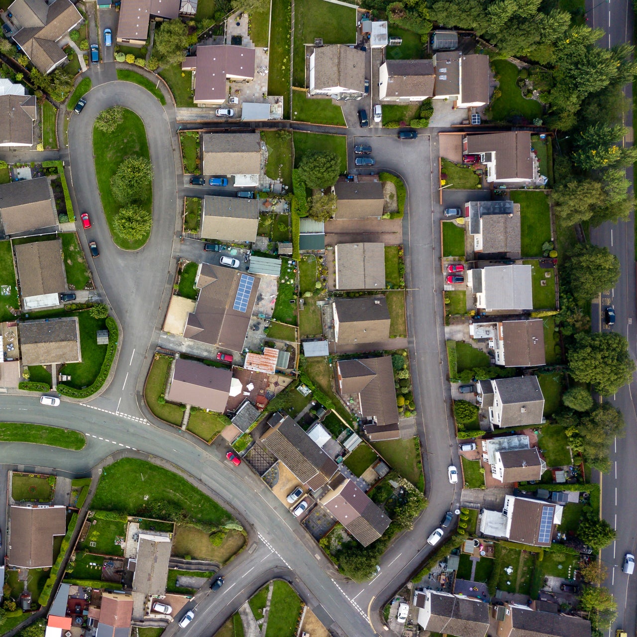 Aerial view of a residential area.