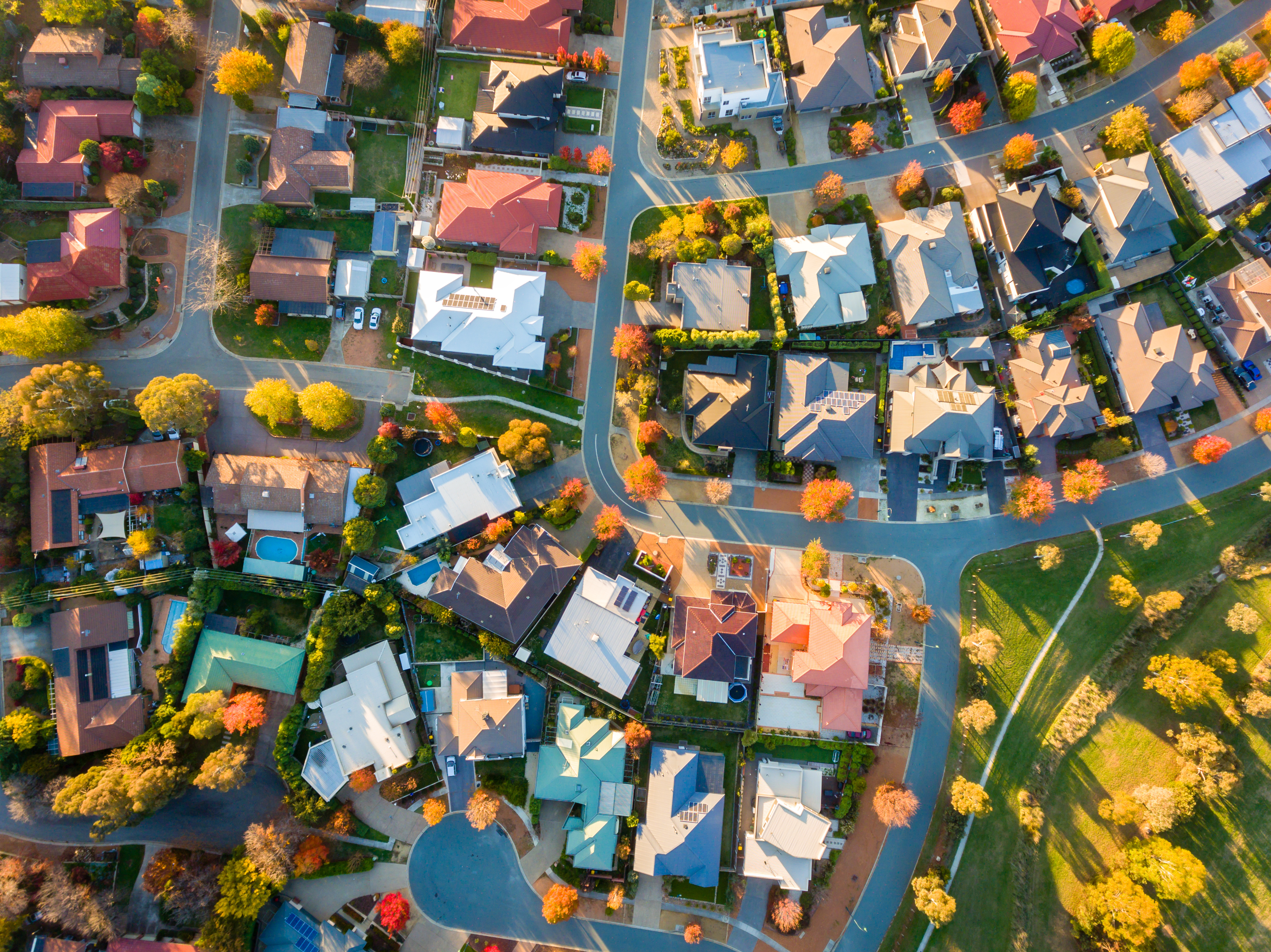 Top down view of house roofs