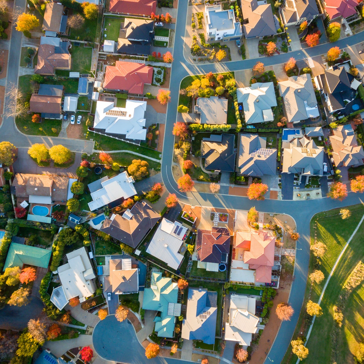 Top down view of house roofs