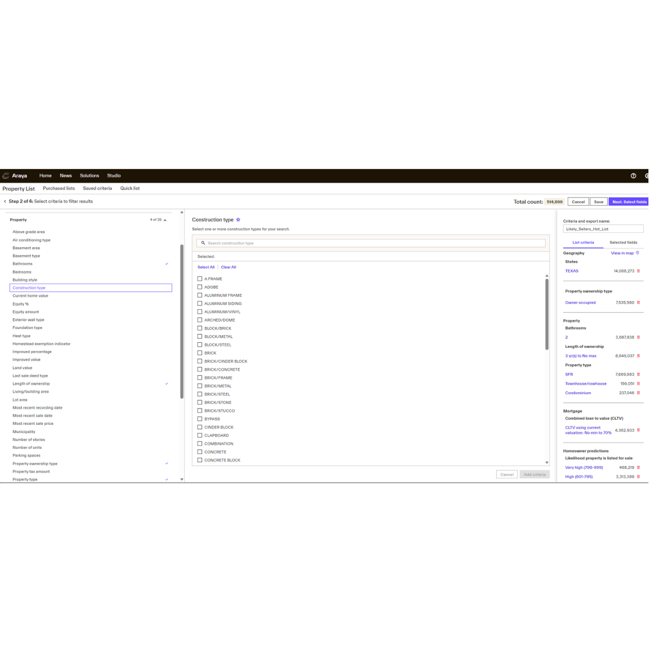 A screenshot of the property filtering interface of Property List.