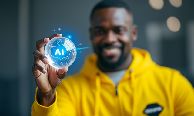 A man wearing a yellow hoodie holding a representation of AI in his hand