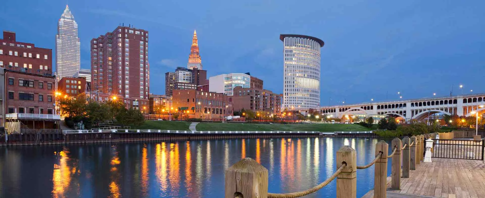 Cleveland skyline with a doc and river front