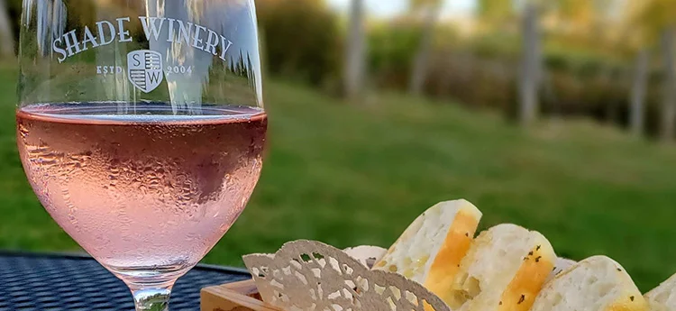 a glass of wine and bread on a table outside