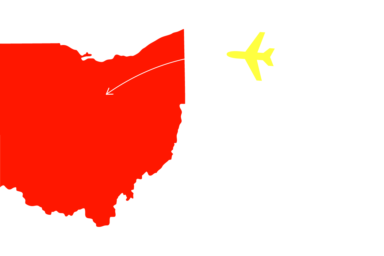 a yellow airplane flying to a red Ohio map