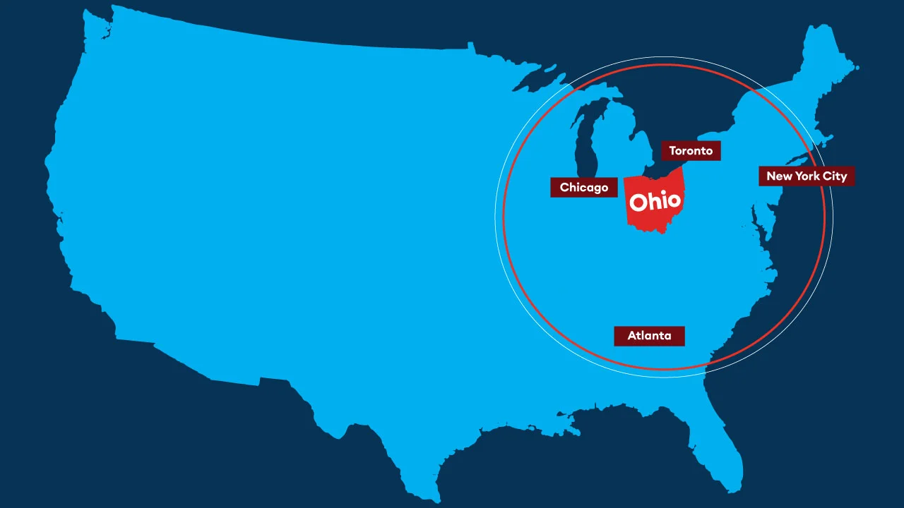 A map of Ohio's location in the United States, including its proximity to Chicago, Toronto, New York City, and Atlanta.