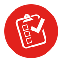 an icon of a white clipboard with a checkmark, on a round red background