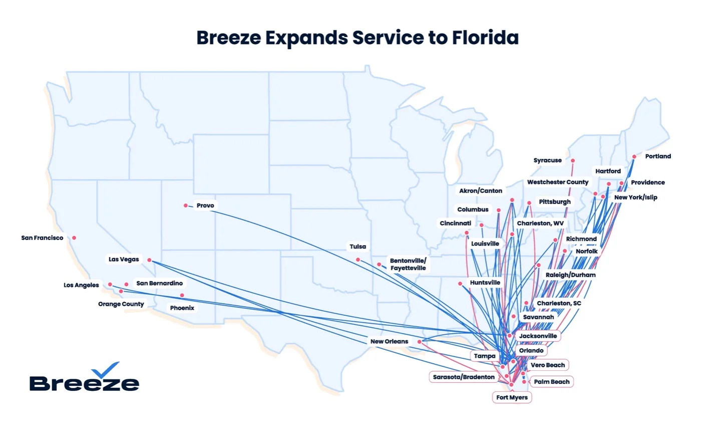 Breeze expands business services to Florida including a US map and flight routes