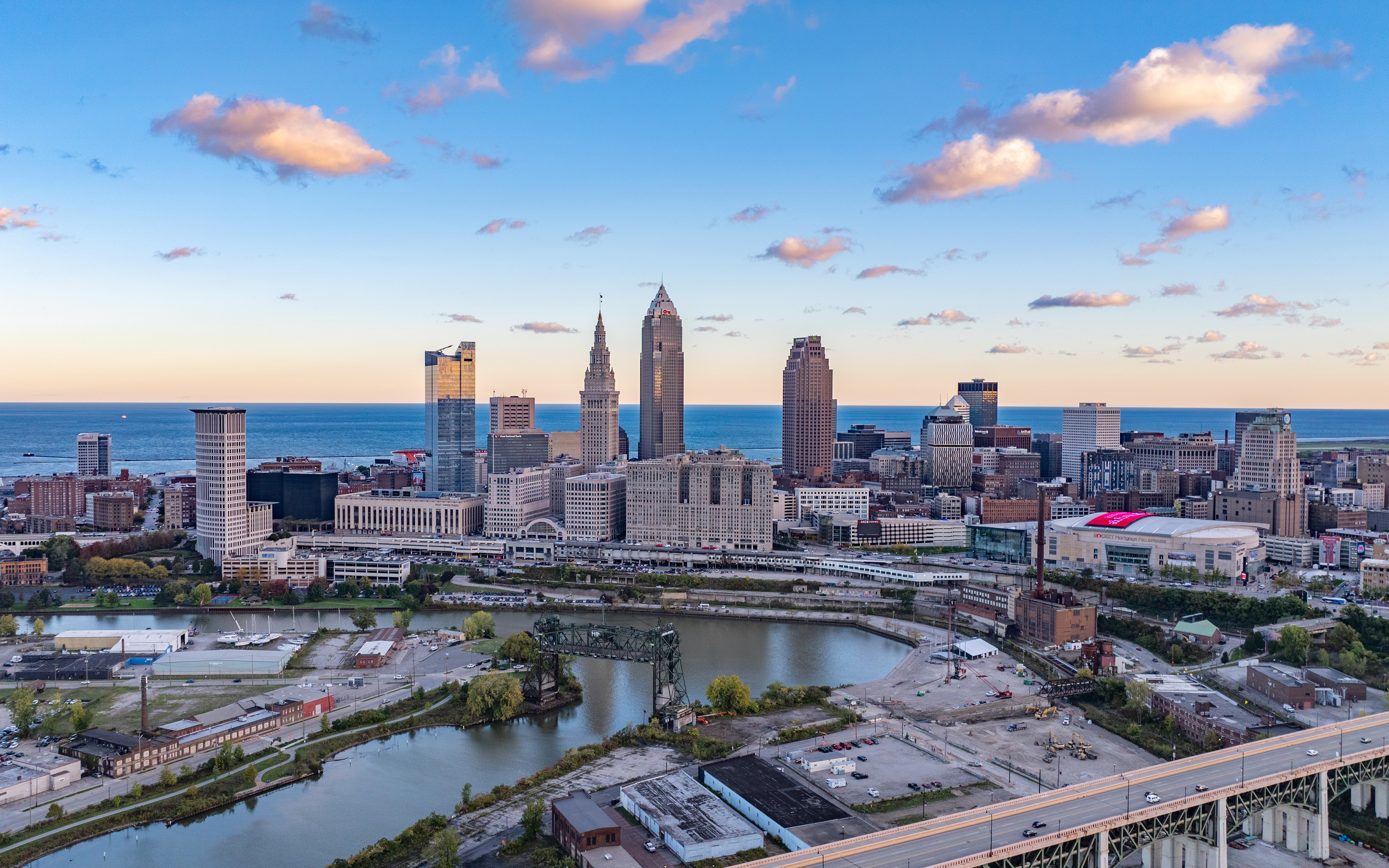 Cleveland cityscape and riverfront in the Northeast Ohio region