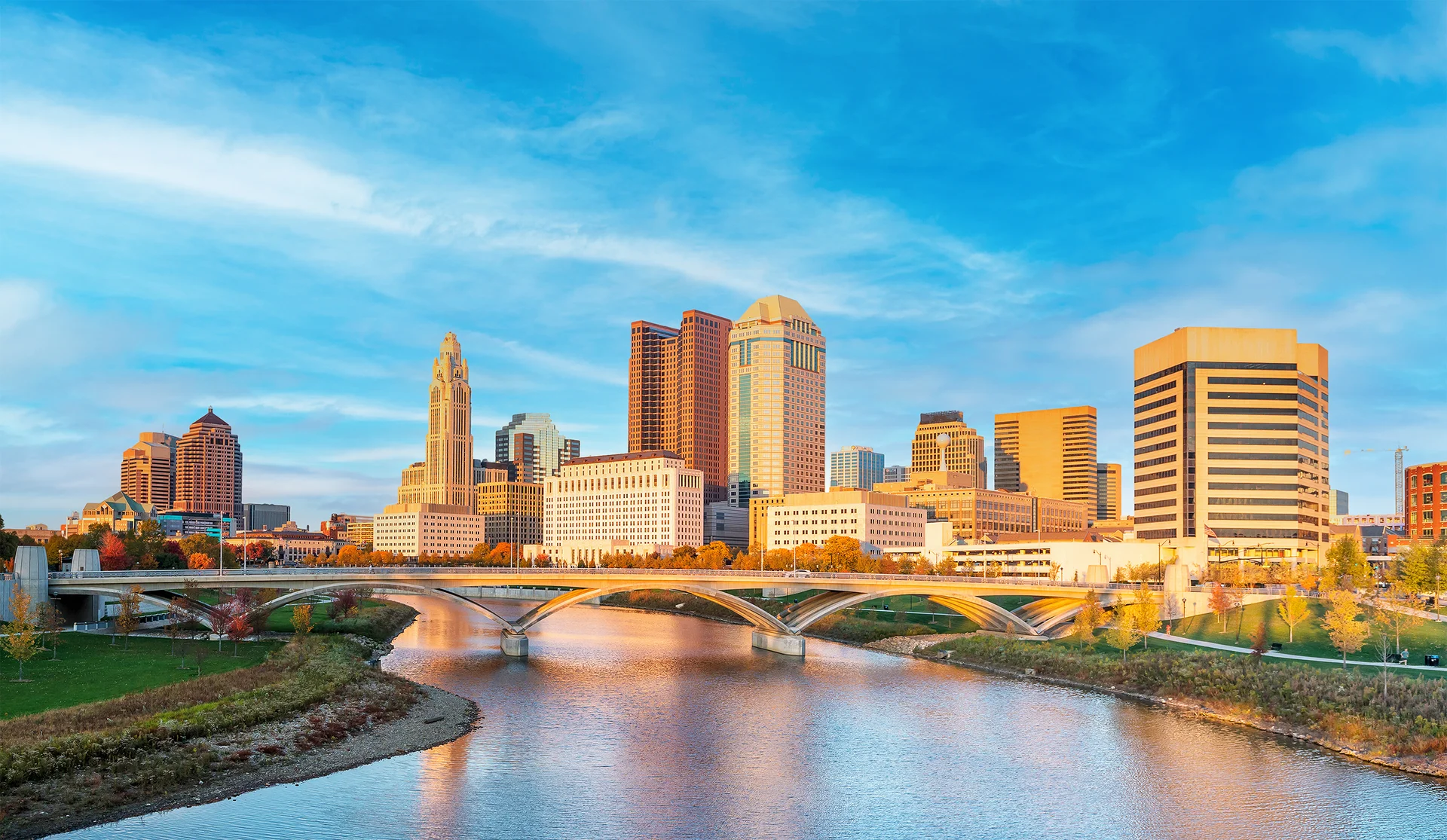 Downtown Columbus, Ohio behind the river cityscape