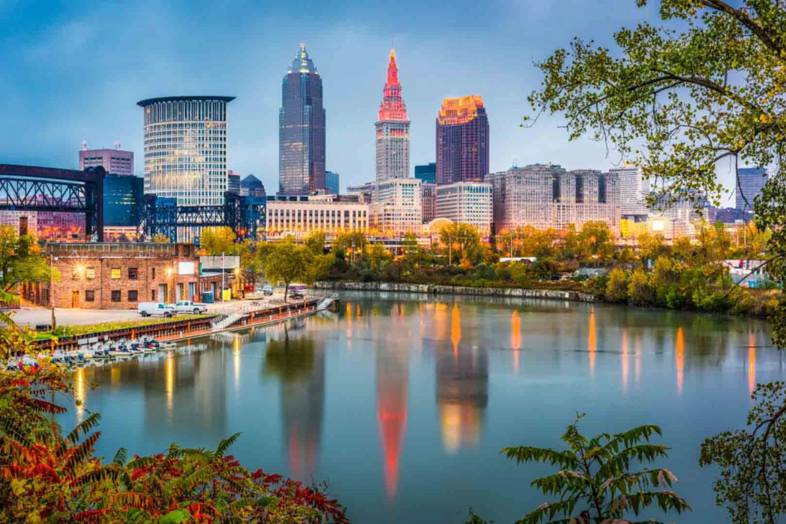 Cleveland Skyline by the river at sunset