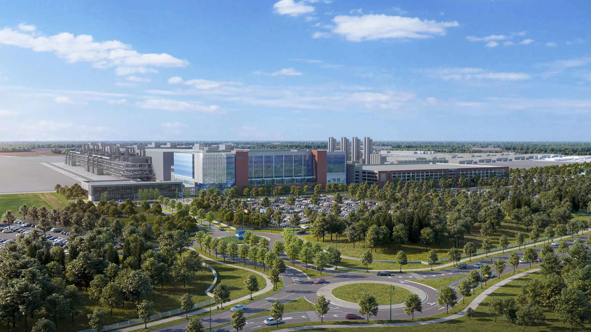 A rendering of the Intel facility front view