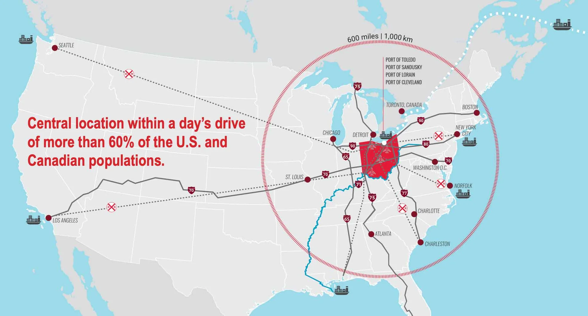 Logistics Map showing how close Ohio is to other major areas