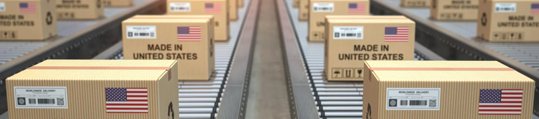 made in USA packages on a conveyor belt