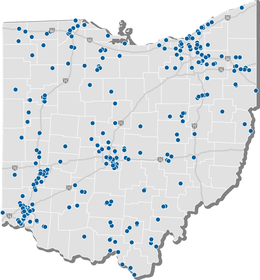 A map of Ohio with blue dots
