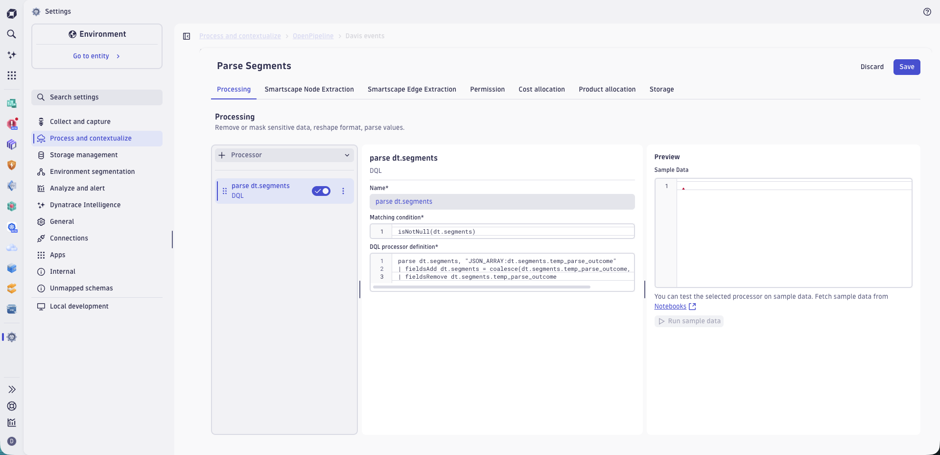 An example configuration of a Davis event pipeline processor used for parsing.