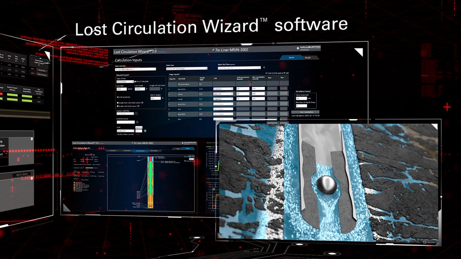 Computer software screen shows simulation of downhole conditions to predict slurry behavior during cement operations.
