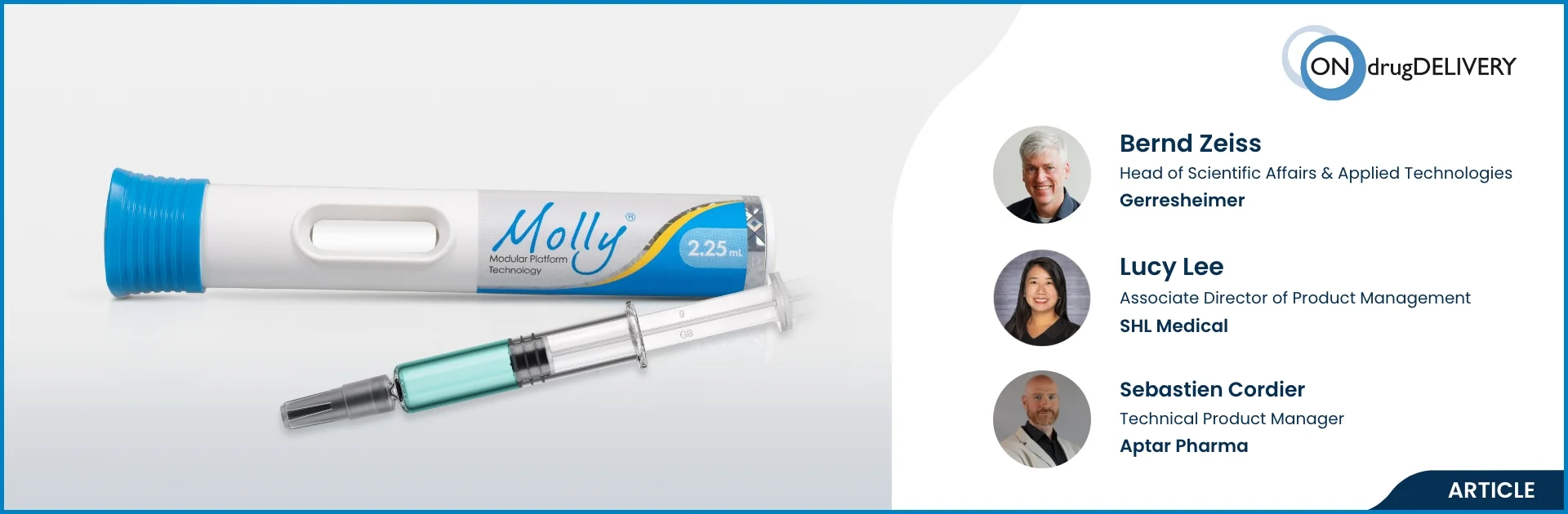 [.jpg] <p>Image showing SHL Medical’s Molly® autoinjector with a 2.25 mL Gx® Elite syringe, alongside headshots of co-authors from SHL Medical, Gerresheimer, and Aptar Pharma for an ONdrugDelivery combination product article.</p>