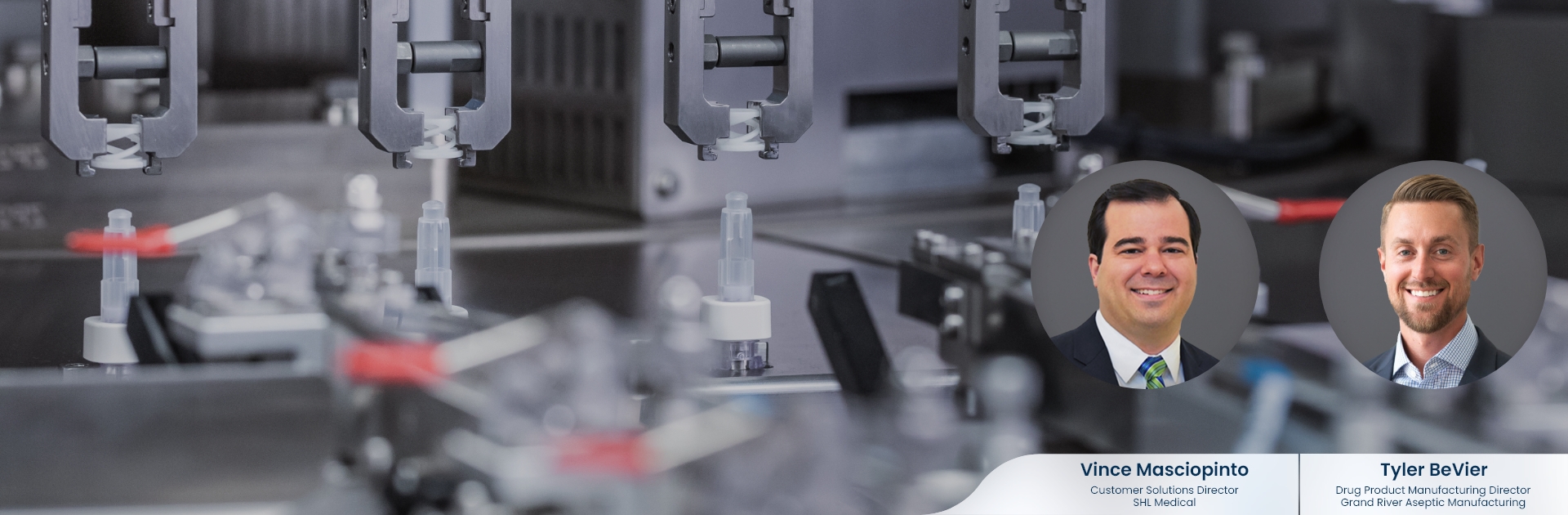 A webinar banner showcasing SHL Medical and GRAM to co-present in a webinar about cartridge-based drug delivery and pharmaceutical manufacturing.