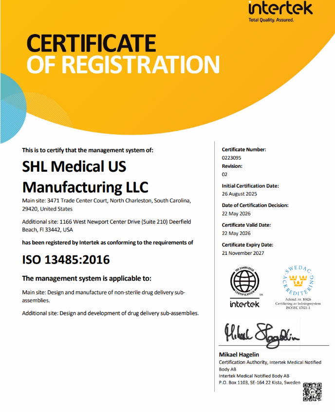 [.png] SHL Medical LLC ISO 13485 Certificate 0223095-02 Issue Date 20260522