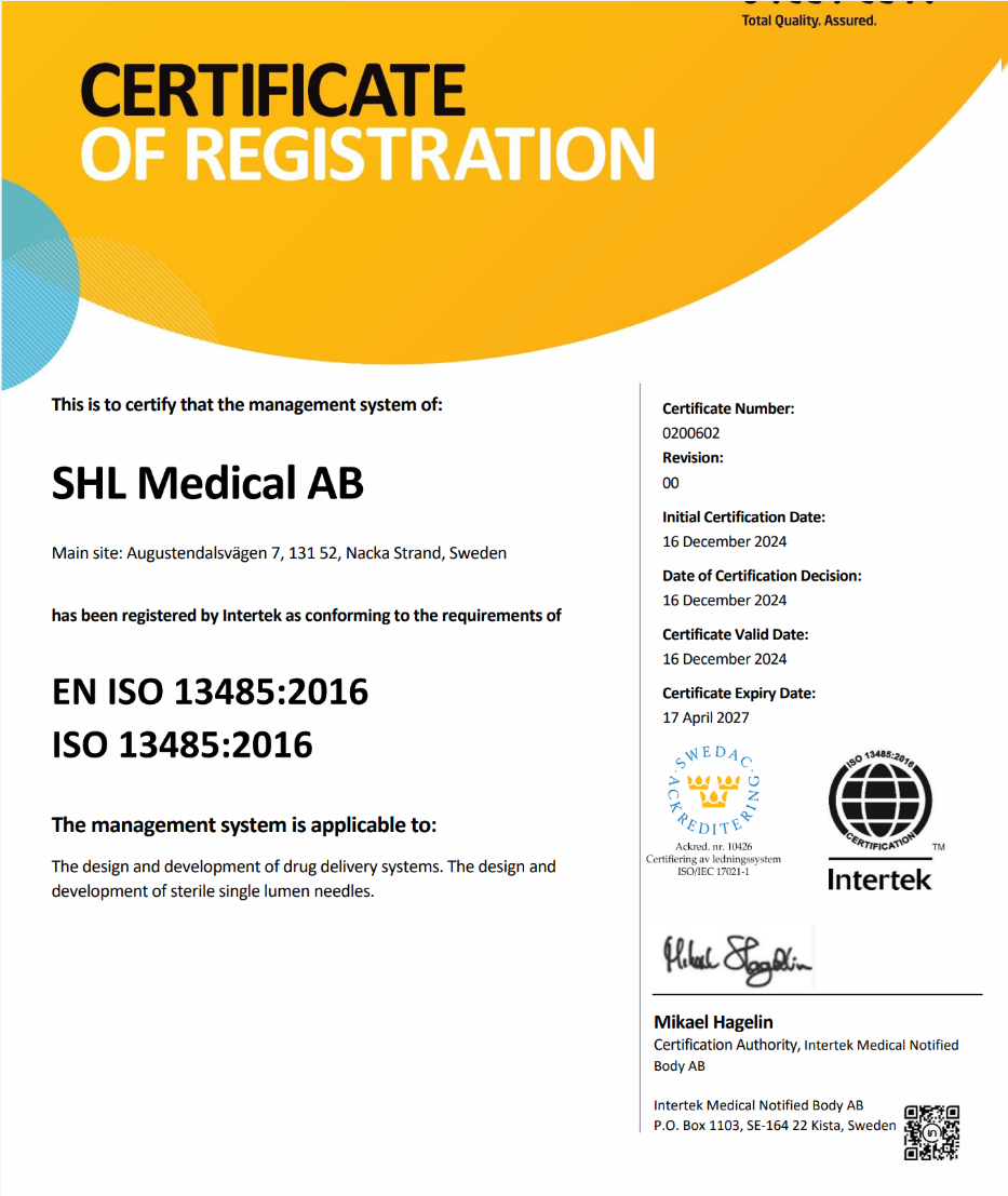 [.png] SHL Medical AB ISO 13485 Certificate 0200602 Issue Date 20241216 Expired date 20270417-image