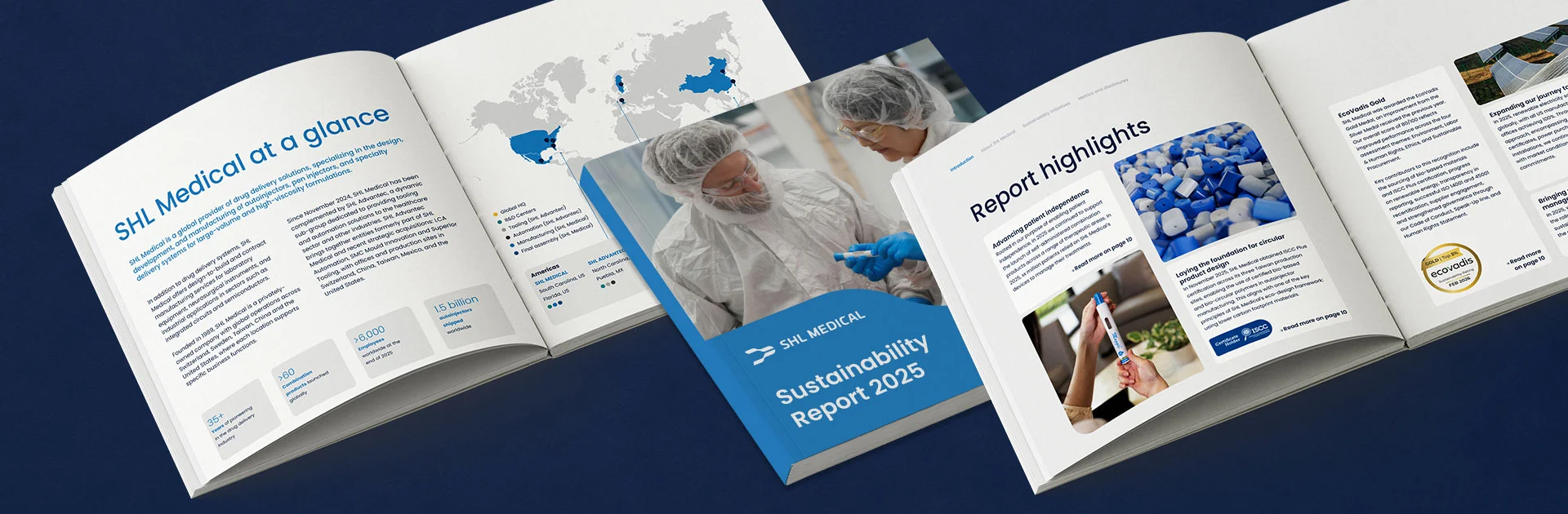 [.jpg] SHL Medical 2025 Sustainability Report cover and highlights spread showing key ESG achievements in drug delivery device manufacturing.
