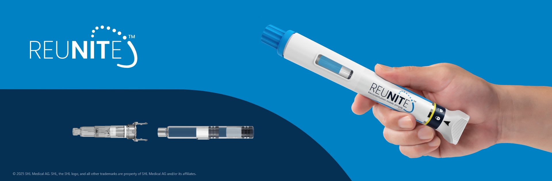 SHL Medical’s Reunite™ dual-chamber cartridge-based autoinjector with Needle Isolation Technology (NIT®), providing an automated reconstitution solution for the preparation and delivery of lyophilized drug formulations