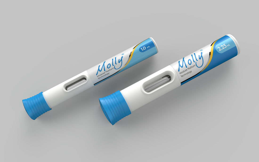 Two autoinjectors shown side by side. The self-injection devices are SHL Medical’s Molly® modular platform autoinjectors, designed to accelerate development for pharma partners. 