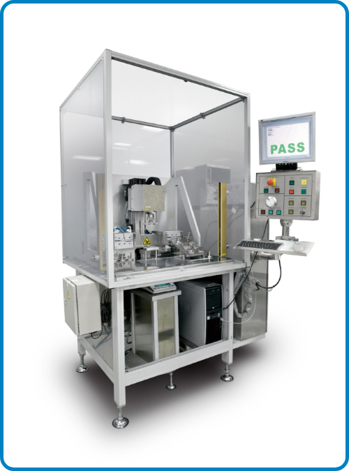 Semi-automated DAI testing machine with a clear safety enclosure and a control screen showing a pass result.