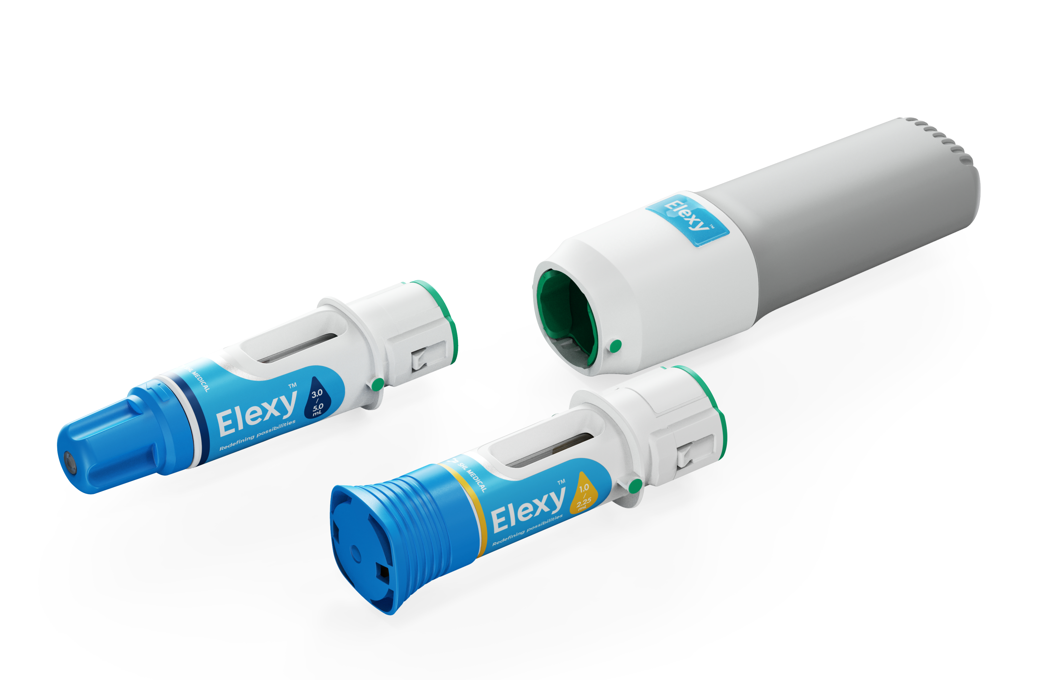 An autoinjector with two drug cassettes. The device is SHL Medical’s electromechanical autoinjector, Elexy™, which is compatible with drug cassettes containing a pre-filled syringe or a cartridge.