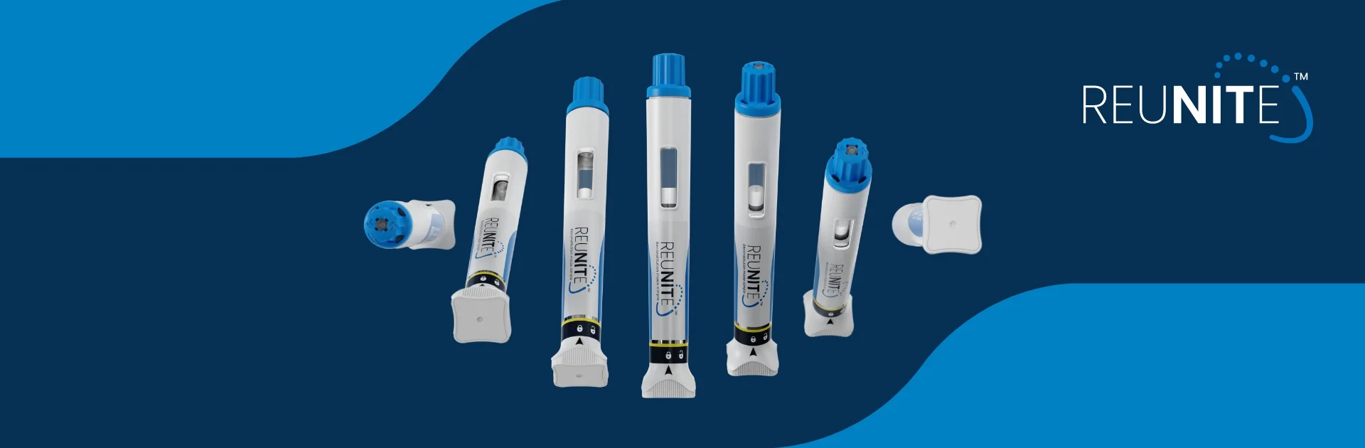 [.jpg] Reunite autoinjector shown from different angles in a horizontal arrangement on a blue background.