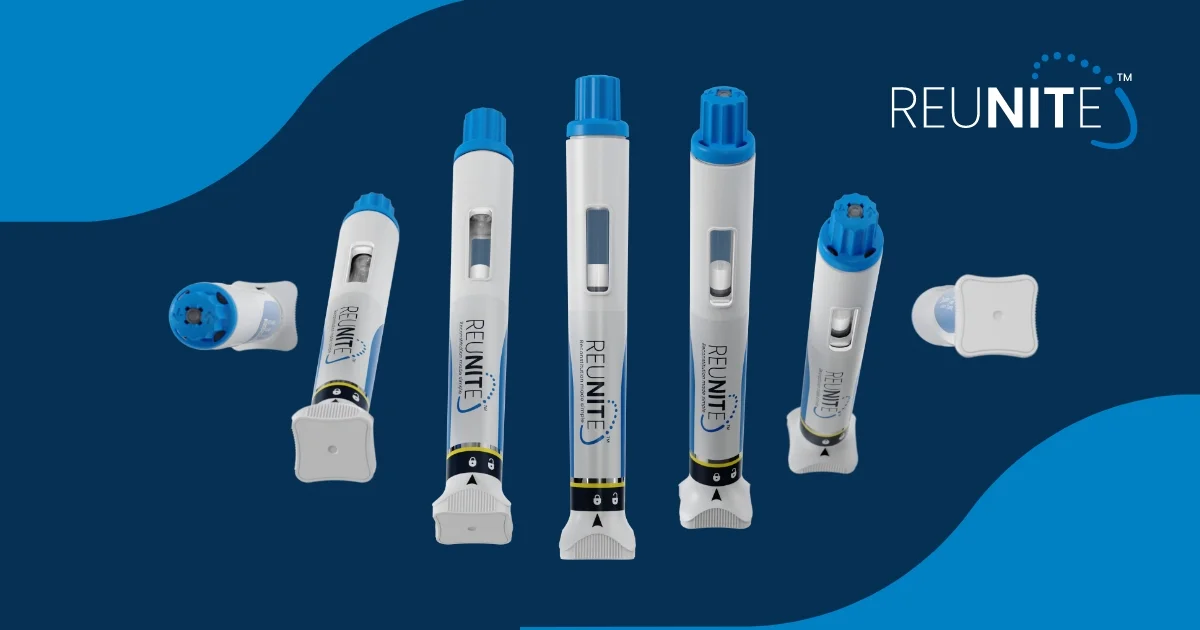 [.jpg] Reunite autoinjector shown from different angles in a horizontal arrangement on a blue background.