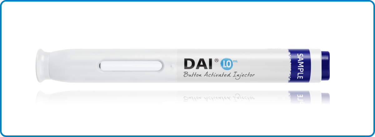 Product image of SHL Medical’s DAI 1.0 mL button-activated autoinjector on a white background.