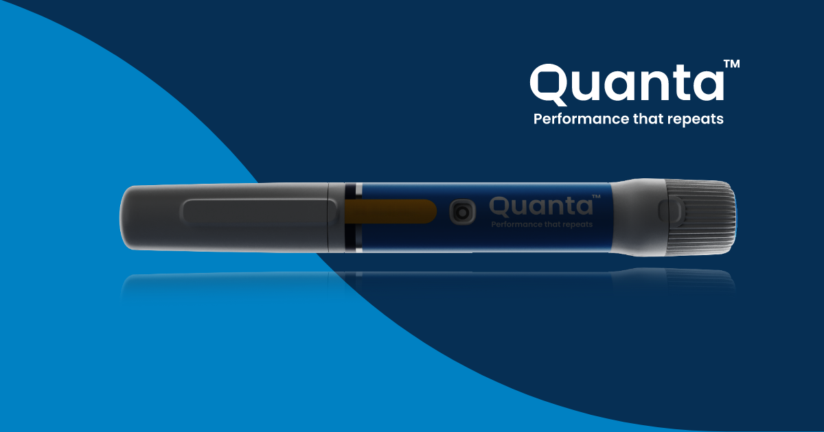 [.png] A pen injector device against a blue background. The device is Quanta, SHL Medical’s latest device offering that supports cardiometabolic therapies.
