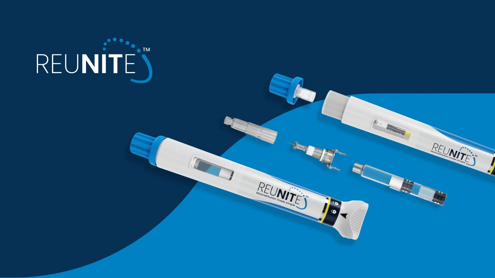 [.jpg] Autoinjectors and cartridge components against a blue background. SHL Medical’s Reunite dual-chamber autoinjector supports lyophilization through automated reconstitution and patient-centric innovation.