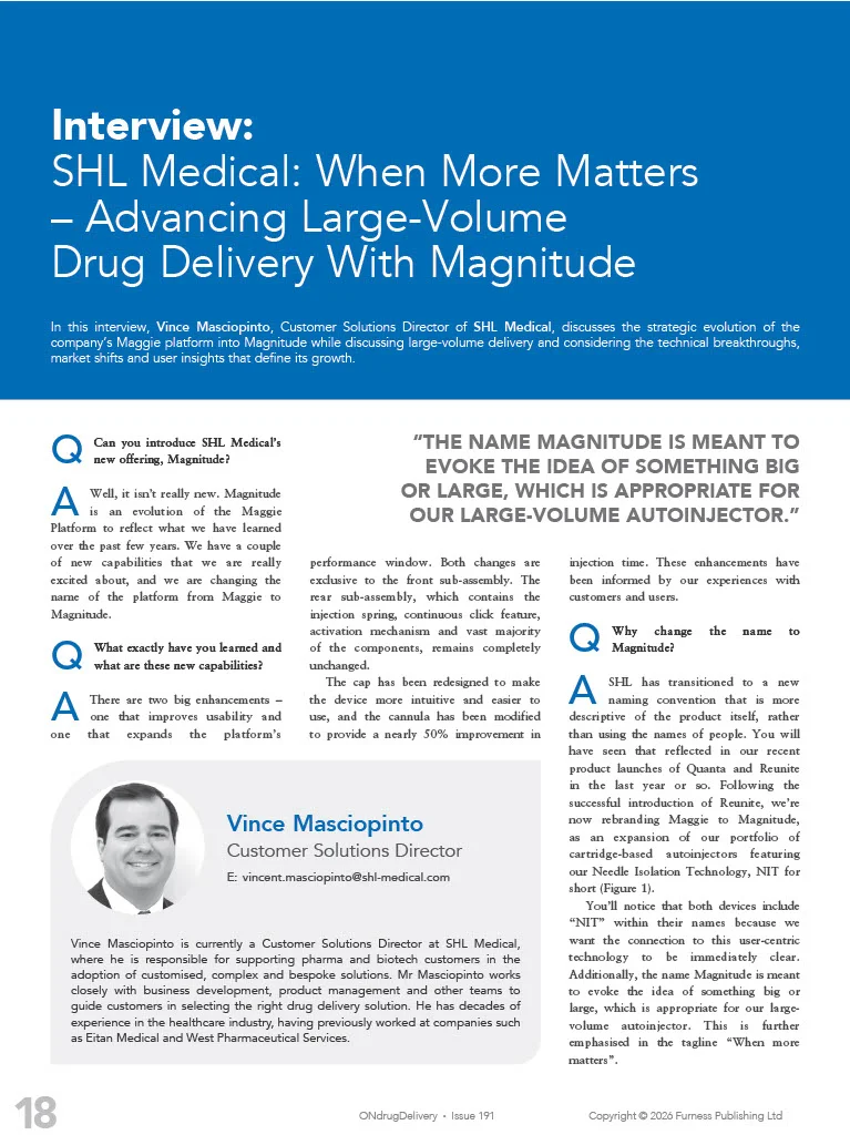 Opening page of an ONdrugDelivery interview with SHL Medical’s Vince Masciopinto on Magnitude, a cartridge-based autoinjector for large-volume delivery.